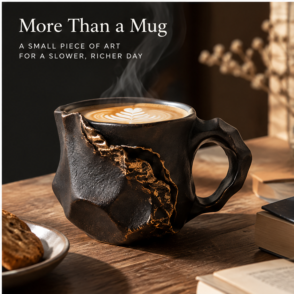 FEASTORI Black Gold-Veins Faceted Art Mug