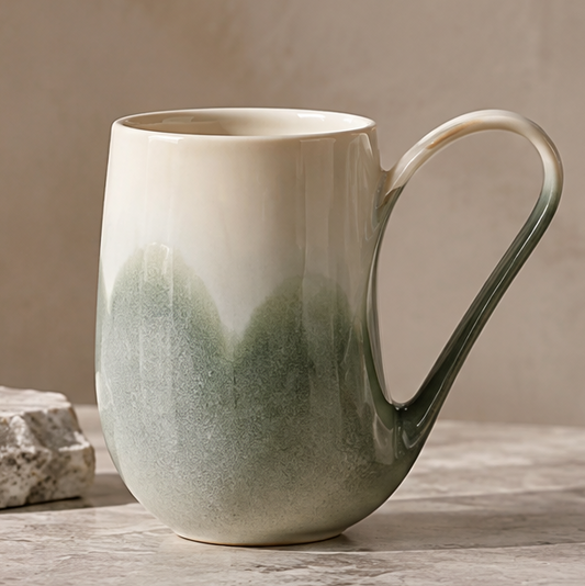 FEASTORI cream and moss-green ceramic mug with a tall arc handle