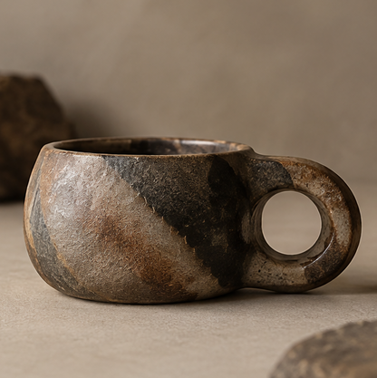 FEASTORI low rounded stoneware cup with bronze-brown and charcoal glaze and a thick ring handle