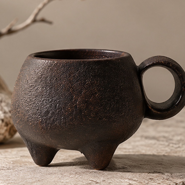 FEASTORI dark umber textured ceramic art mug with three short feet and a circular ring handle