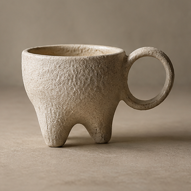 FEASTORI sandy beige textured ceramic cup with three short feet and a circular ring handle