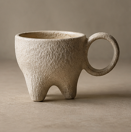 FEASTORI sandy beige textured ceramic cup with three short feet and a circular ring handle