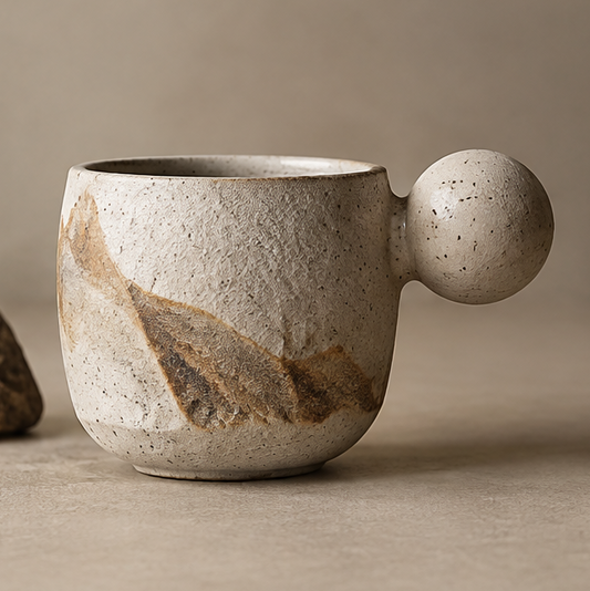 FEASTORI rustic speckled ceramic cup with earthy brown markings and a spherical handle