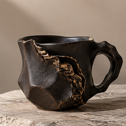 FEASTORI black faceted ceramic art mug with gold-coloured vein decoration and an angular loop handle