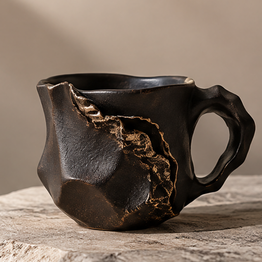 FEASTORI black faceted ceramic art mug with gold-coloured vein decoration and an angular loop handle