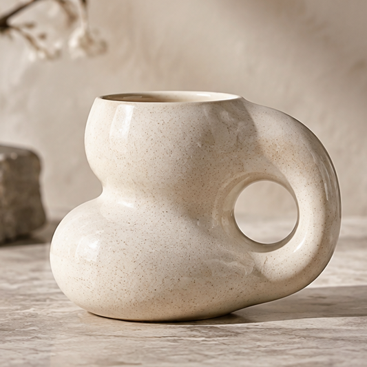 FEASTORI sandy cream speckled ceramic mug with an asymmetrical body and round loop handle